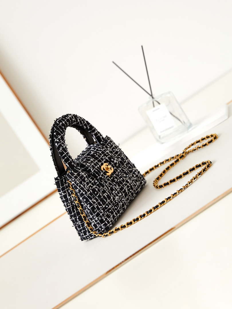 Chanel AS4416 Mini Shopping Bag Cotton tweed & Gold Metal White and Black - Default Title - View 3