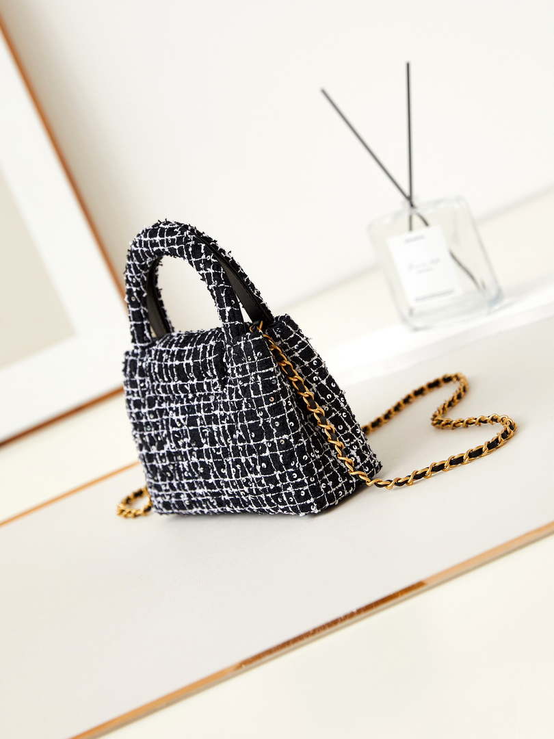 Chanel AS4416 Mini Shopping Bag Cotton tweed & Gold Metal White and Black