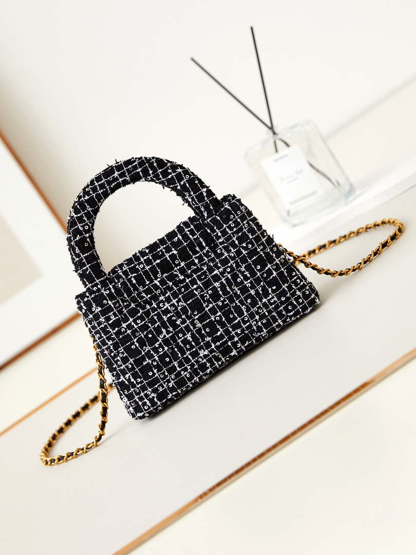 Chanel AS4416 Mini Shopping Bag Cotton tweed & Gold Metal White and Black