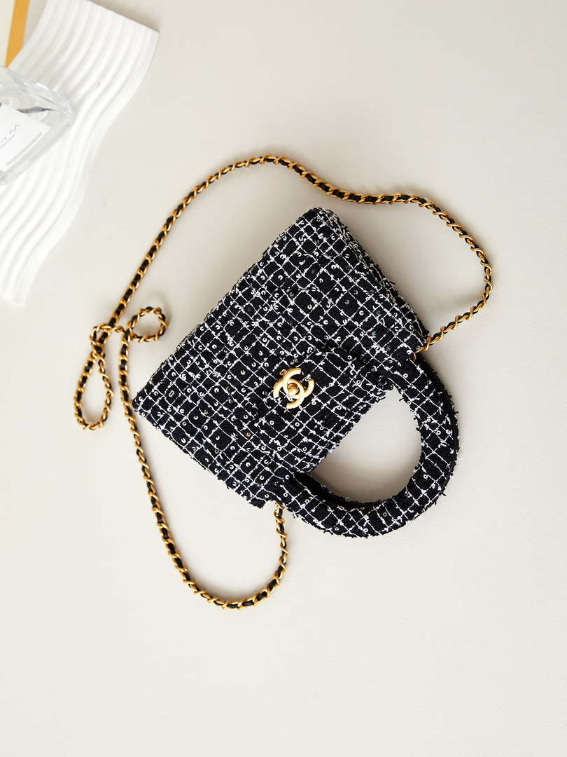 Chanel AS4416 Mini Shopping Bag Cotton tweed & Gold Metal White and Black