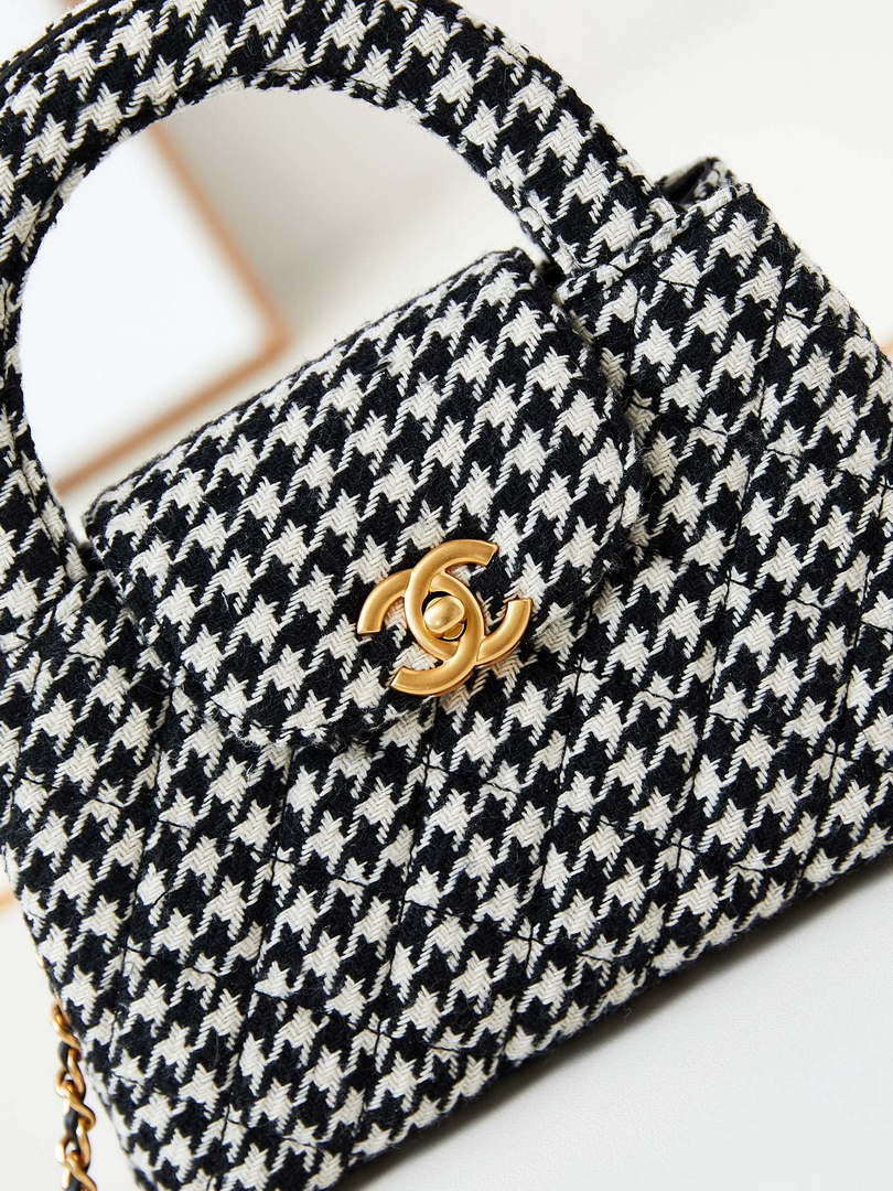 Chanel AS4416 Mini Shopping Bag Houndstooth fabric & Gold Metal White and Black