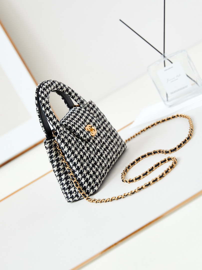 Chanel AS4416 Mini Shopping Bag Houndstooth fabric & Gold Metal White and Black
