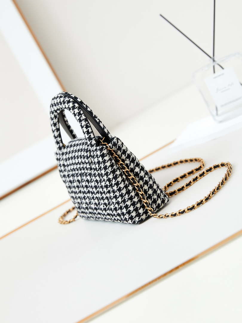 Chanel AS4416 Mini Shopping Bag Houndstooth fabric & Gold Metal White and Black