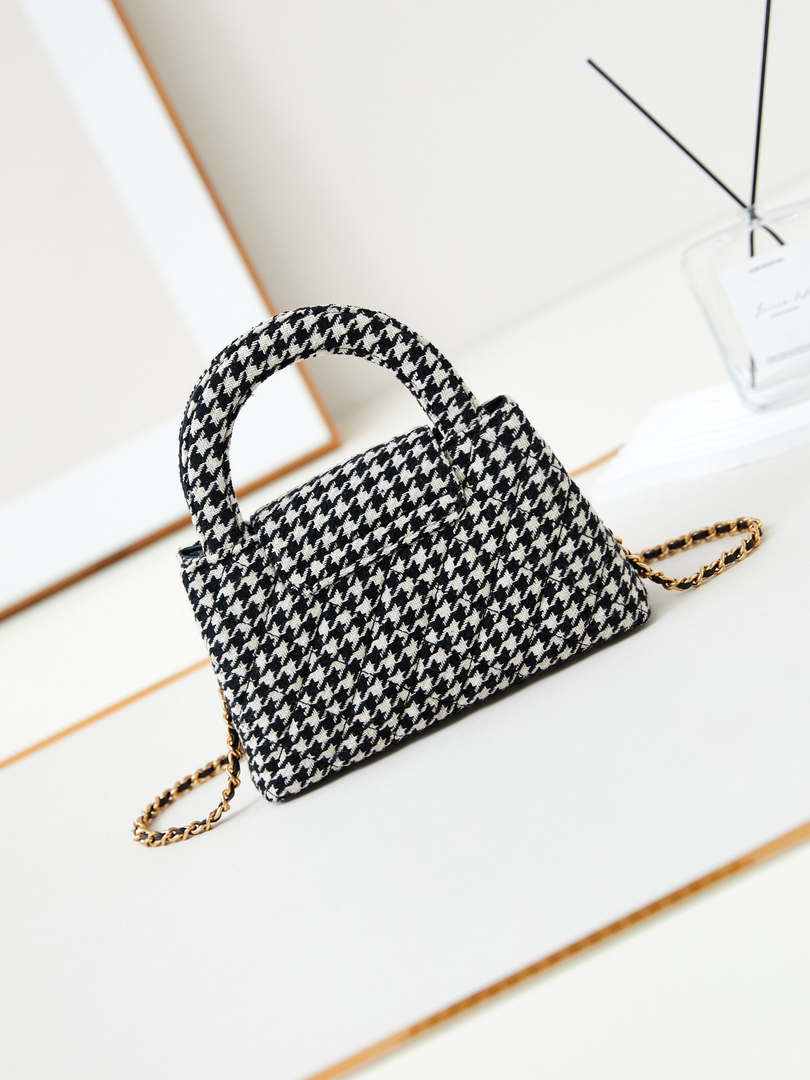 Chanel AS4416 Mini Shopping Bag Houndstooth fabric & Gold Metal White and Black