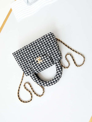 Chanel AS4416 Mini Shopping Bag Houndstooth fabric & Gold Metal White and Black - Default Title - View 7
