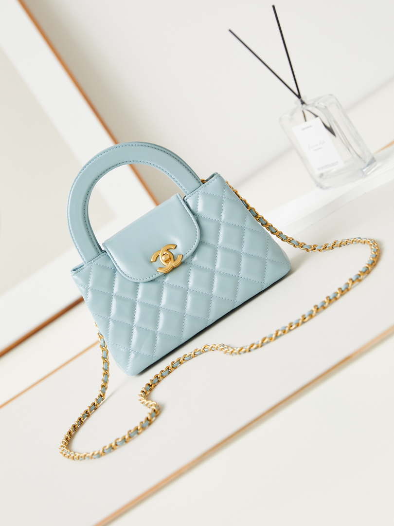Chanel AS4416 Mini  Shopping Bag shiny aged Calfskin gold tone metal Lake Blue