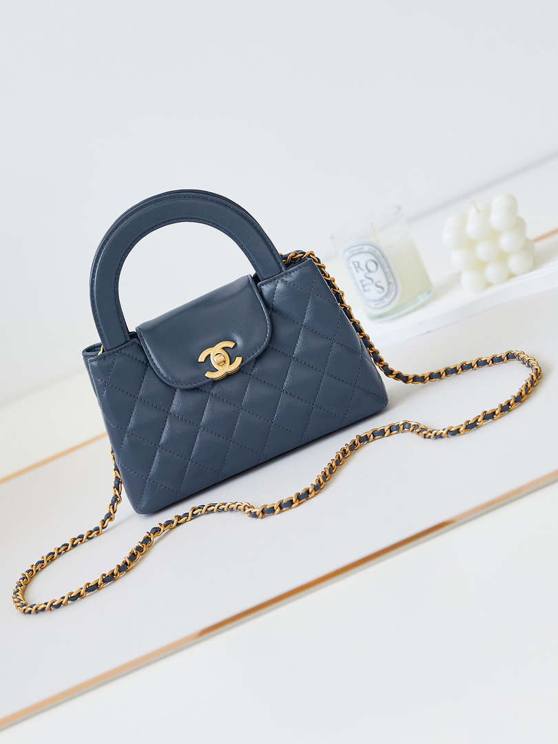 Chanel AS4416 Mini Shopping Bag shiny aged Calfskin gold tone metal Navy Blue - Default Title - View 1
