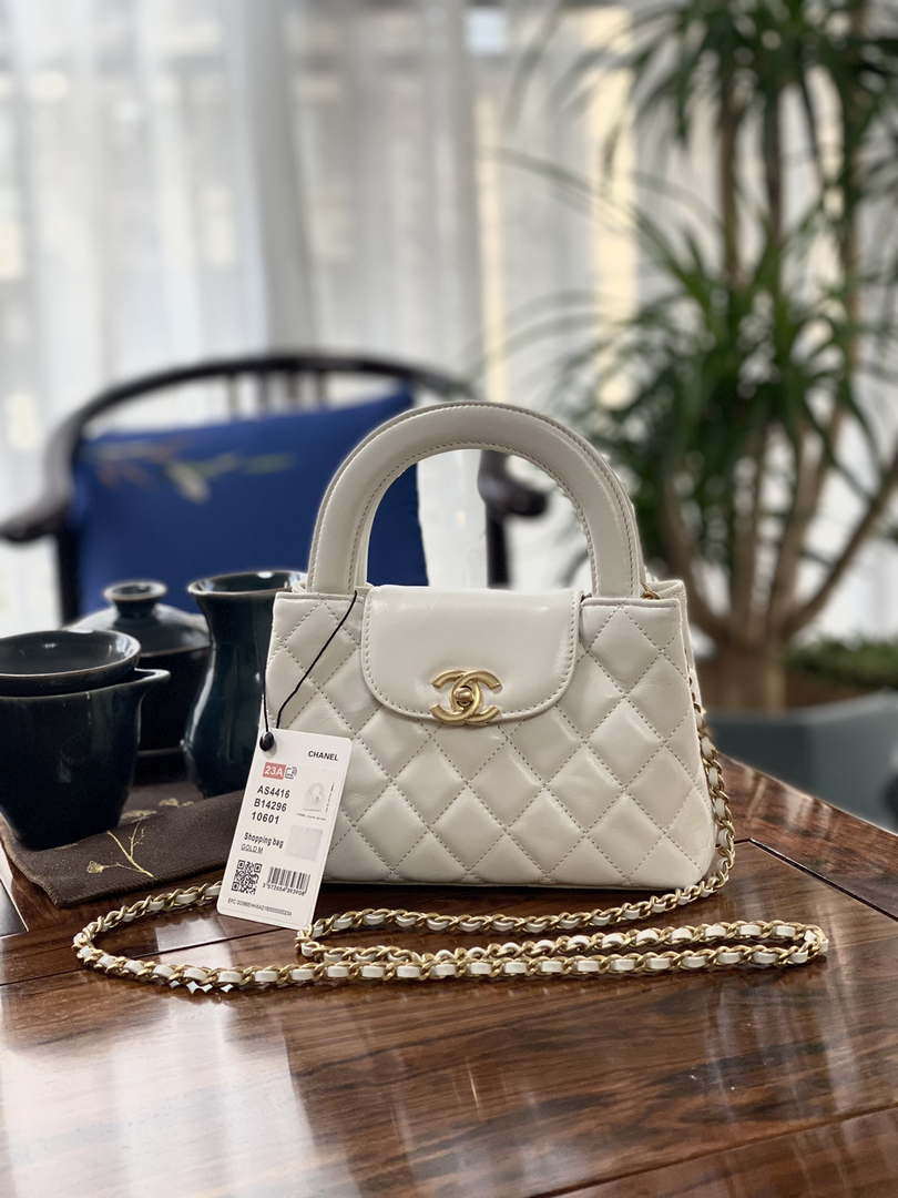 Chanel AS4416 Mini Shopping Bag shiny aged Calfskin gold tone metal White
