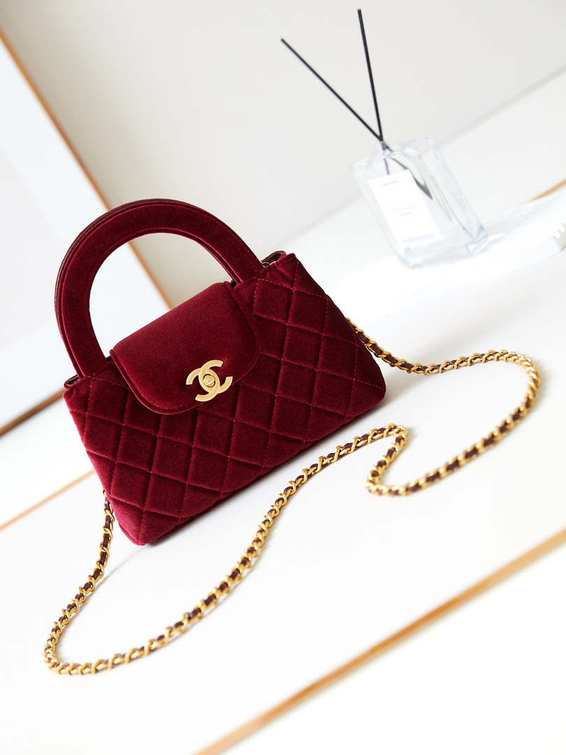 Chanel AS4416 Mini Shopping Bag Velvet & Gold Metal Wine Red