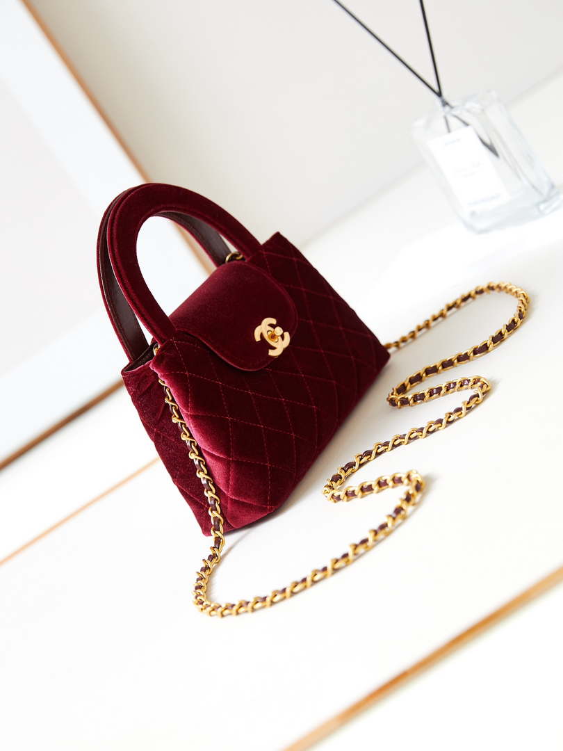 Chanel AS4416 Mini Shopping Bag Velvet & Gold Metal Wine Red