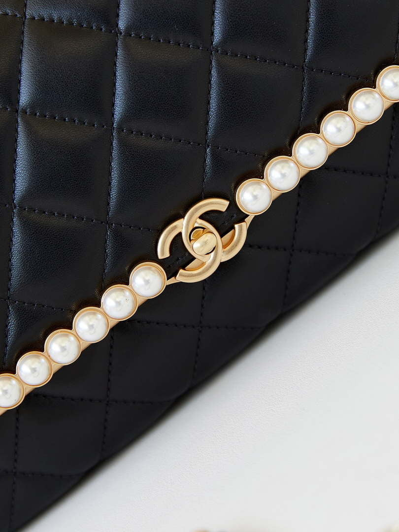 Chanel 23K AS4452 Flap Bag Lambskin With Pearl & Metal Chain Black