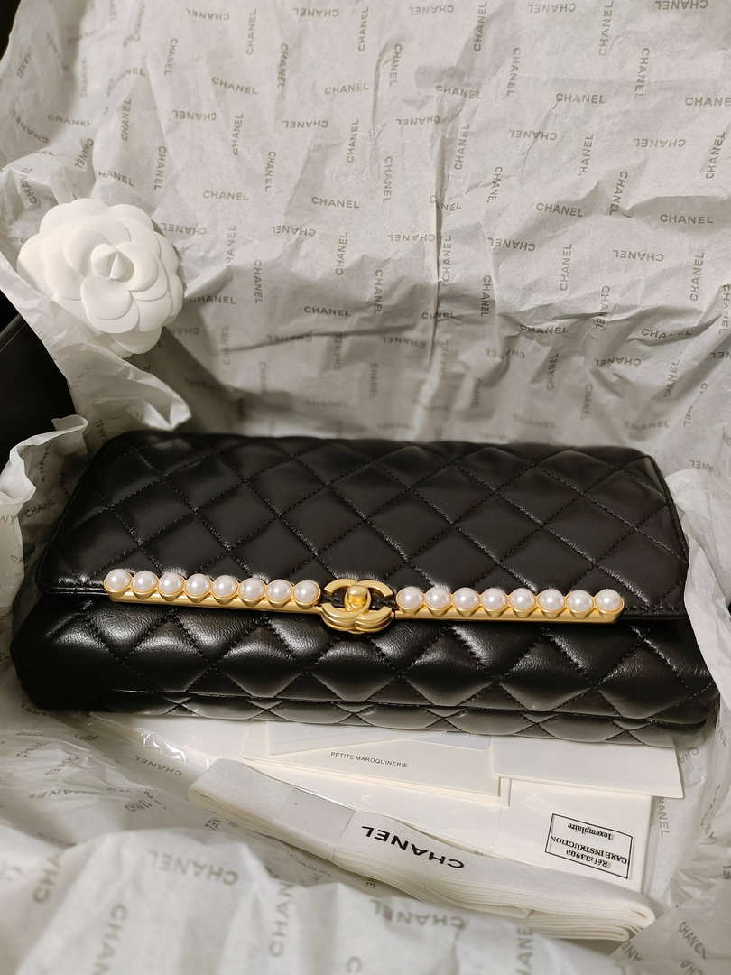 Chanel AS4455 CLUTCH Lambskin Imitation Pearls & Gold Metal Black