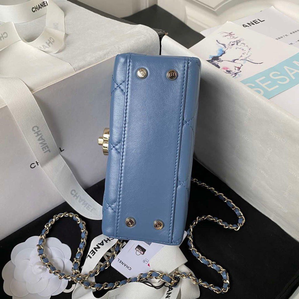Chanel AS4469 Mini BOX Bag Shiny Calfskin & Gold-Tone Metal Blue