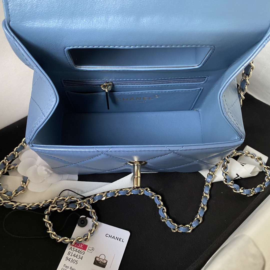Chanel AS4469 Mini BOX Bag Shiny Calfskin & Gold-Tone Metal Blue - Default Title - View 7