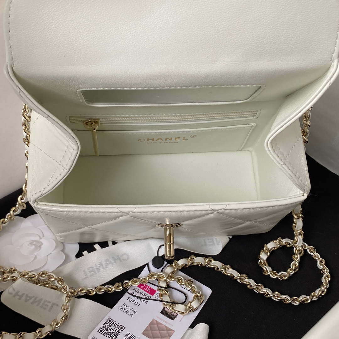 Chanel AS4469 Mini BOX Bag Shiny Calfskin & Gold-Tone Metal White