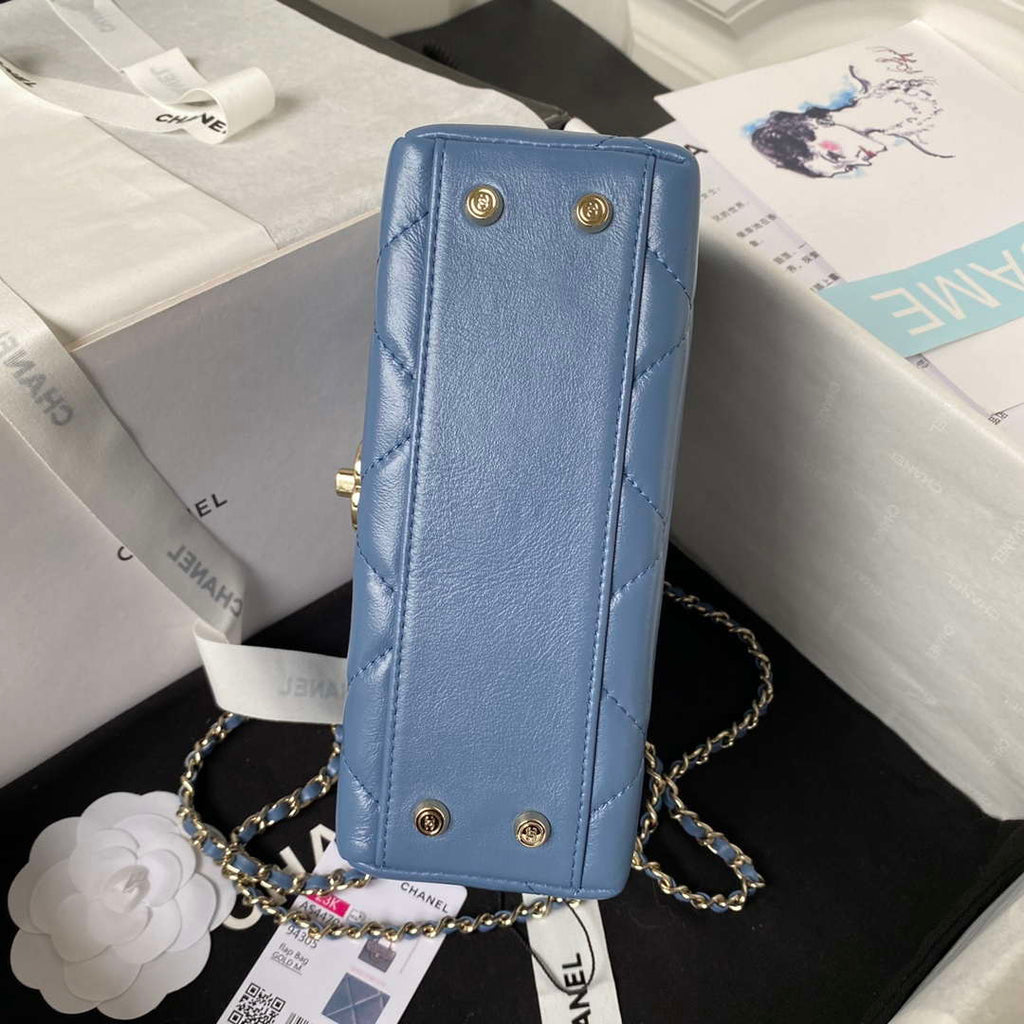 Chanel AS4469 Small BOX Bag Shiny Calfskin & Gold-Tone Metal Blue