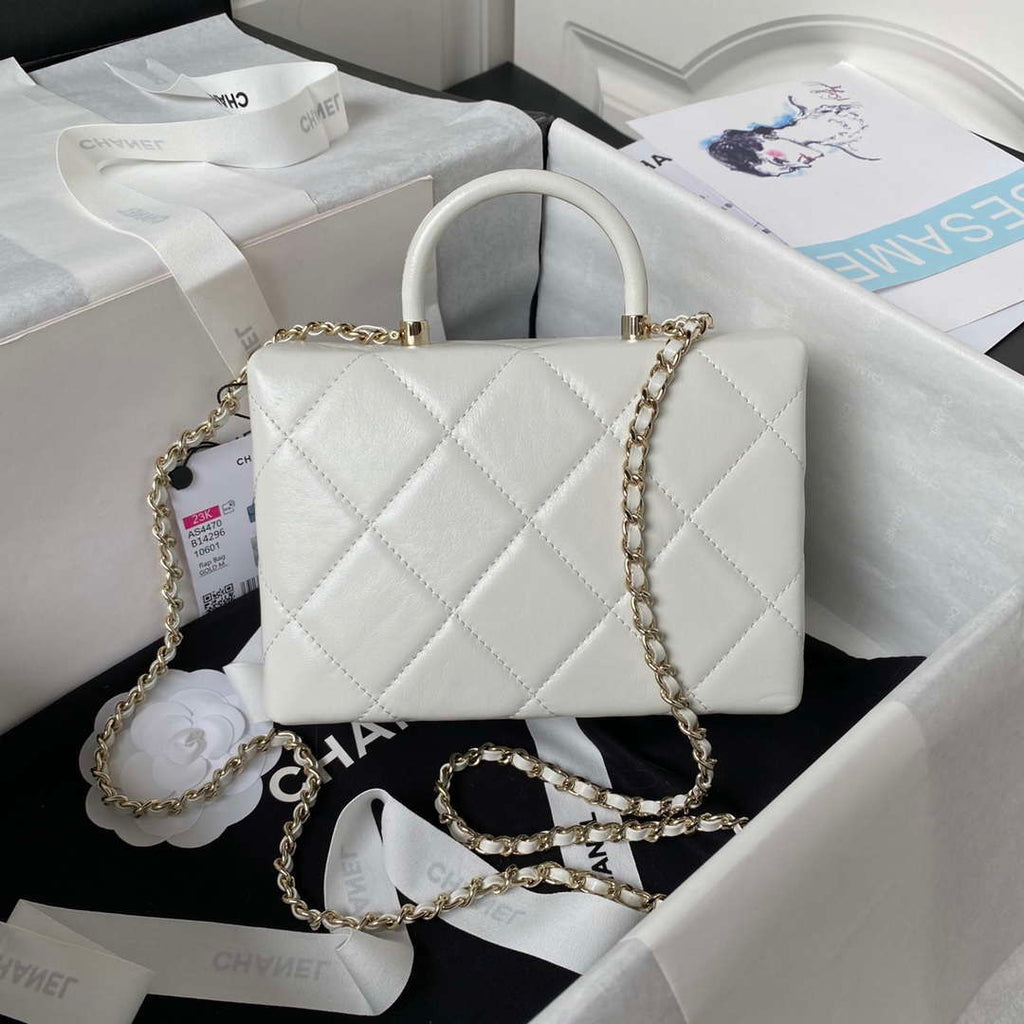 Chanel AS4469 Small BOX Bag Shiny Calfskin & Gold-Tone Metal White