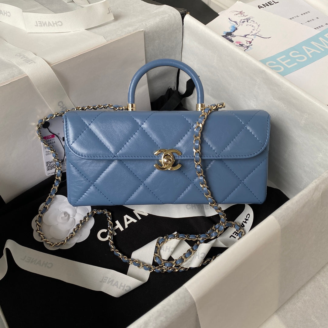 Chanel AS4471 Small BOX Bag Shiny Calfskin & Gold-Tone Metal Blue