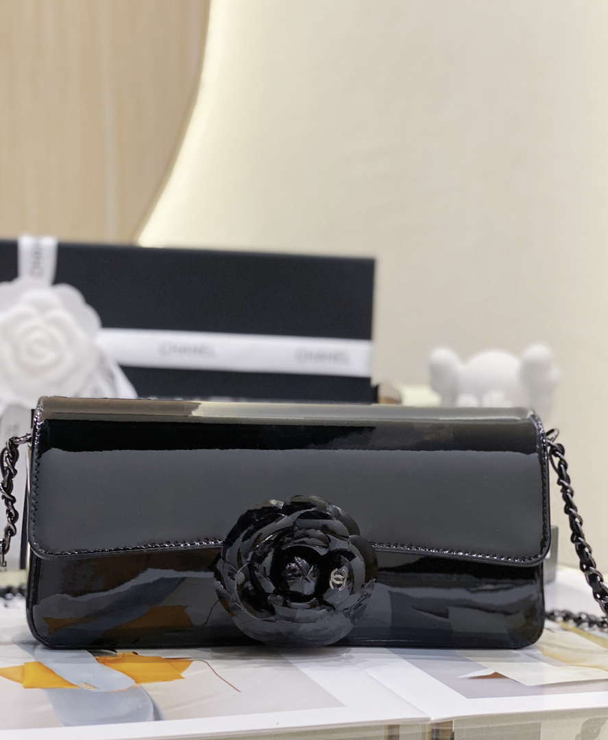 Chanel AS4498 Clutch Flap Bag Patent Calfskin & Gold Metal Black