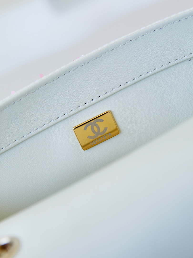 Chanel 24C AS4561 Flap Bag Sequins Gold-Tone Metal White