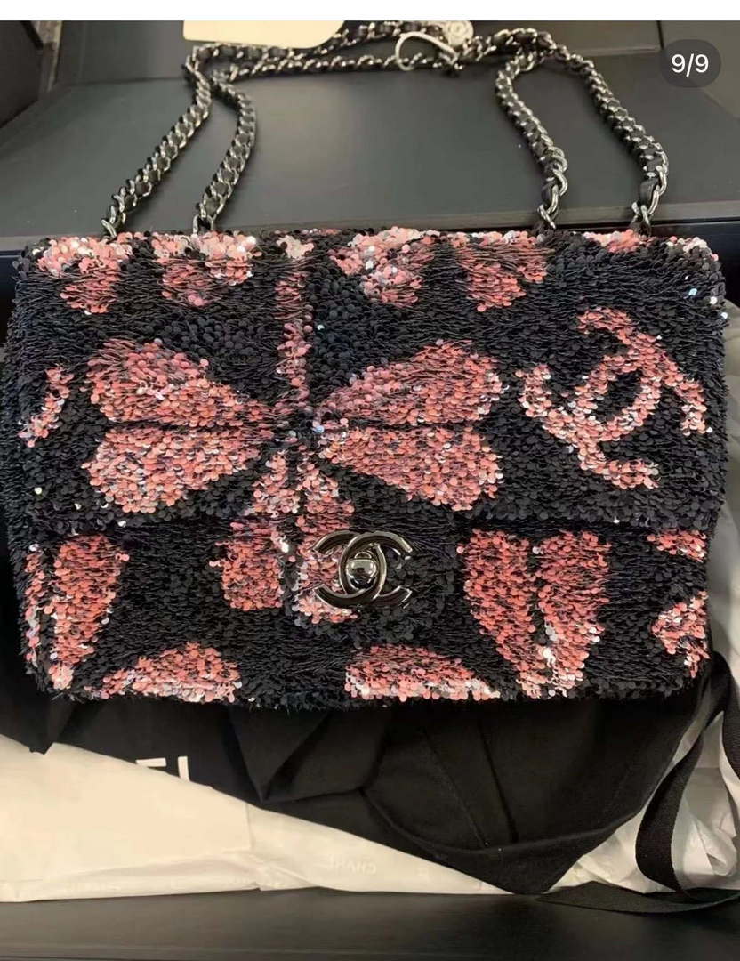 Chanel AS4561 Evening Bag Sequins & Black-Tone Metal Black &  Pink