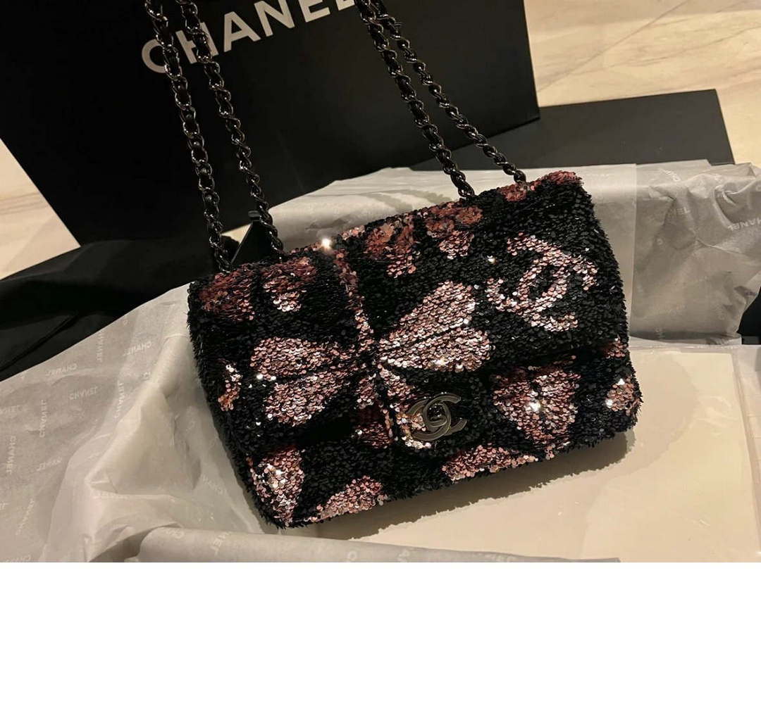 Chanel AS4561 Evening Bag Sequins & Black-Tone Metal Black &  Pink