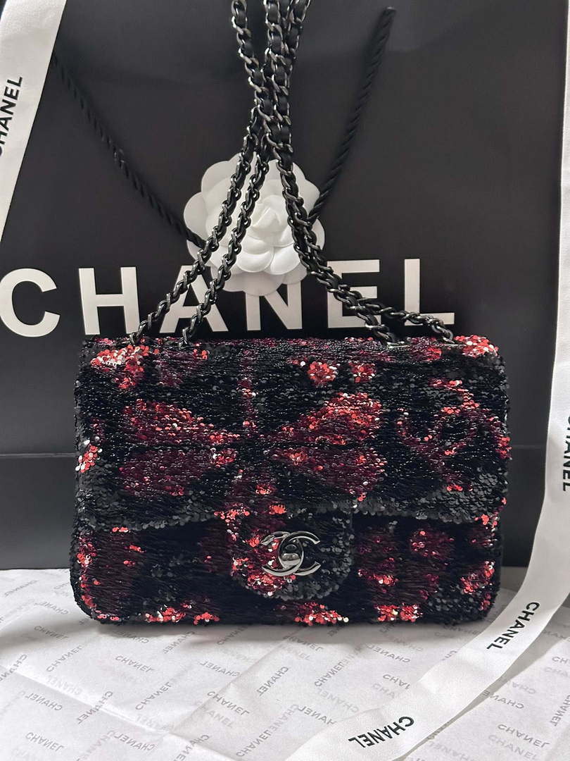 Chanel AS4561 Evening Bag Sequins & Black-Tone Metal Black &  Pink