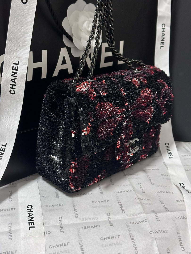 Chanel AS4561 Evening Bag Sequins & Black-Tone Metal Black &  Pink