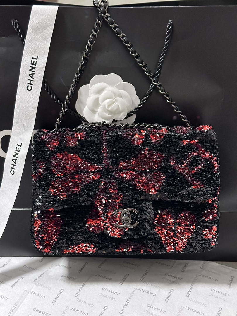 Chanel AS4561 Evening Bag Sequins & Black-Tone Metal Black &  Pink