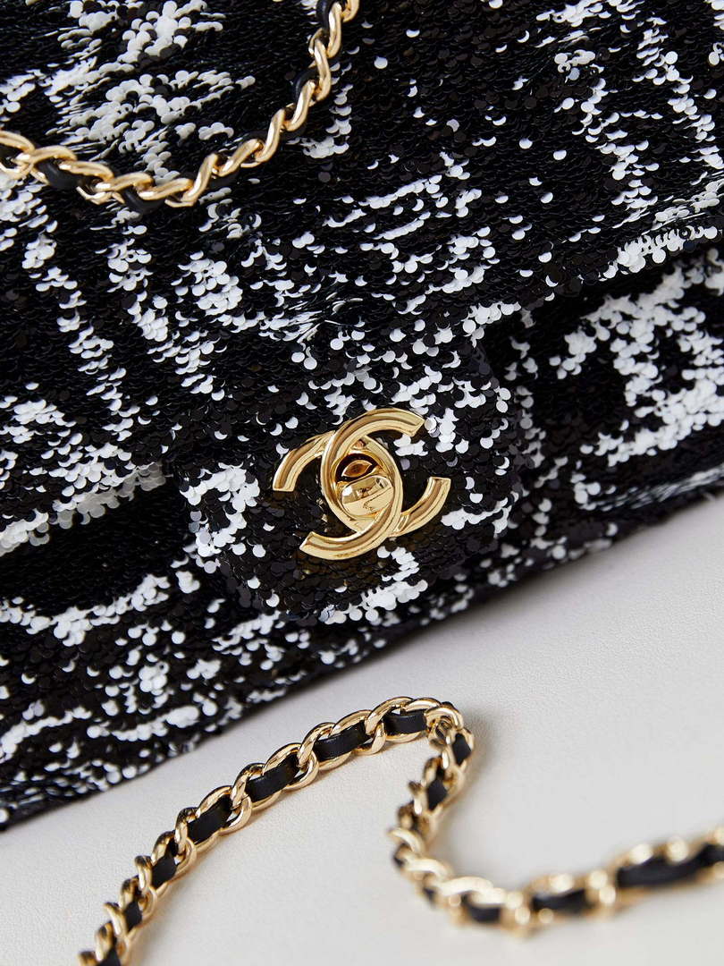 Chanel AS4561 Evening Bag Sequins & Gold-Tone Metal Black & White