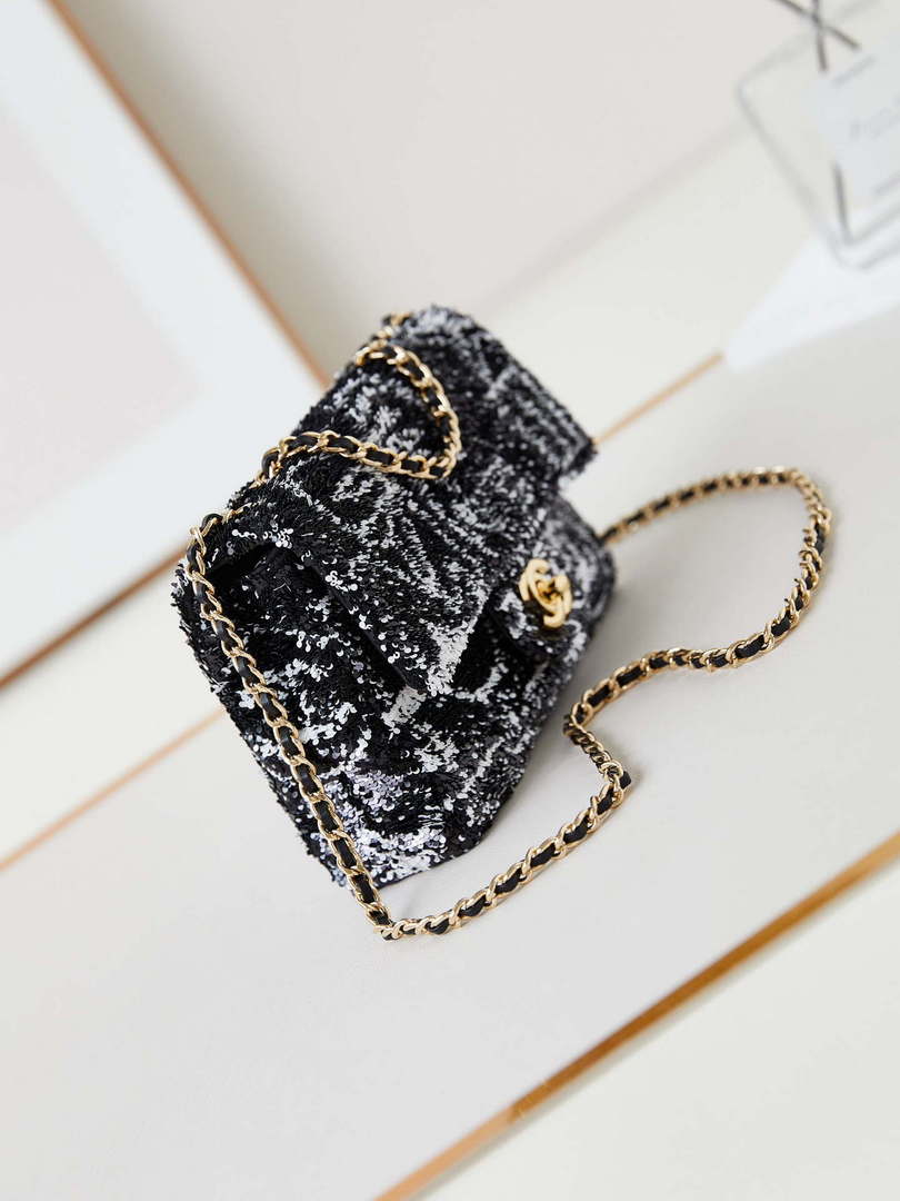 Chanel AS4561 Evening Bag Sequins & Gold-Tone Metal Black & White - Default Title - View 3