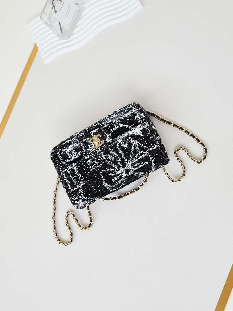 Chanel AS4561 Evening Bag Sequins & Gold-Tone Metal Black & White