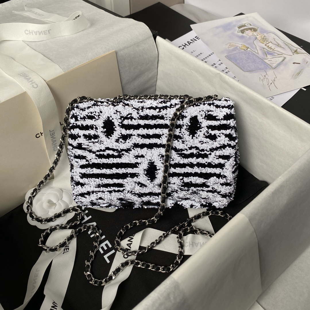 Chanel AS4561 Evening Bag Sequins & Silver-Tone Metal Black White