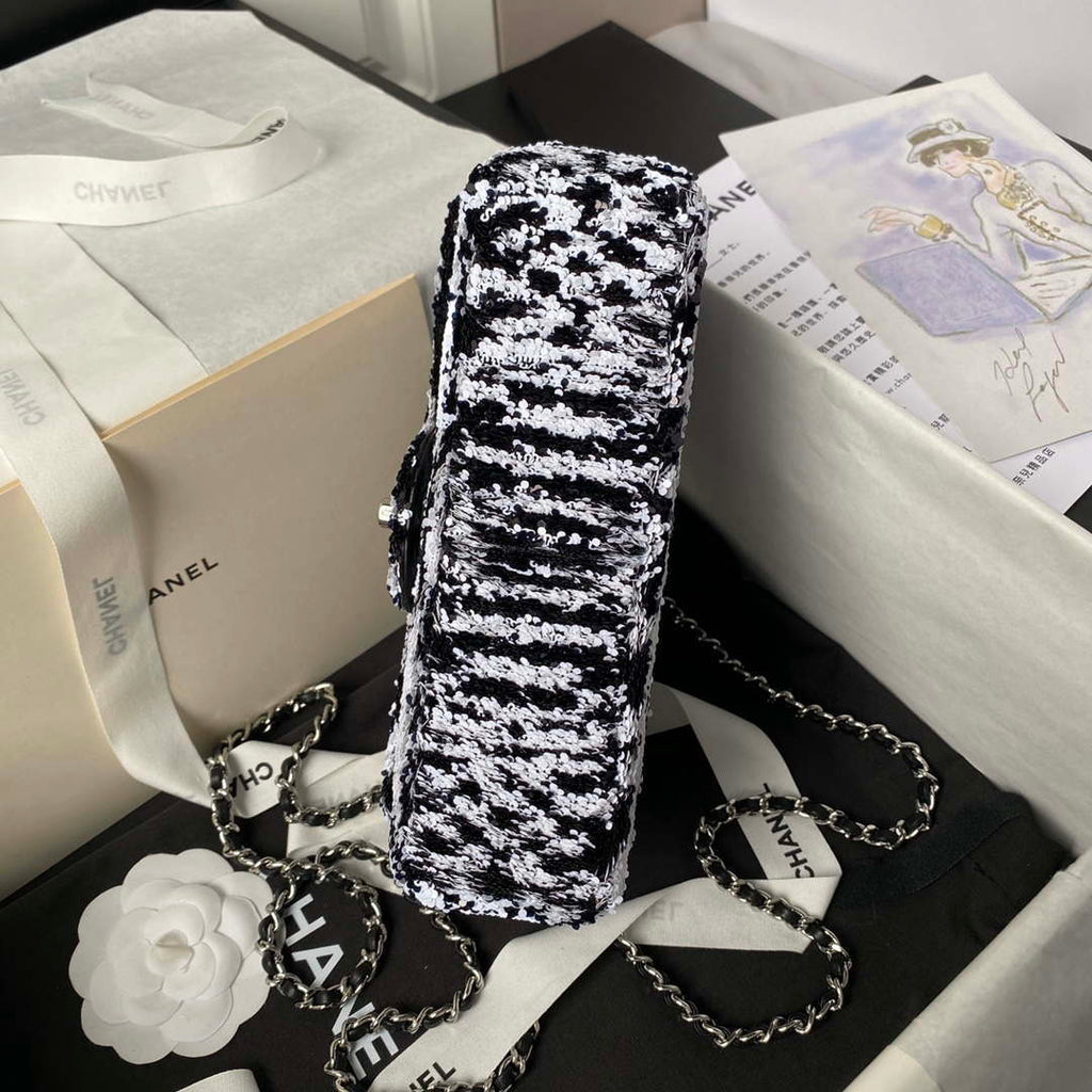 Chanel AS4561 Evening Bag Sequins & Silver-Tone Metal Black White