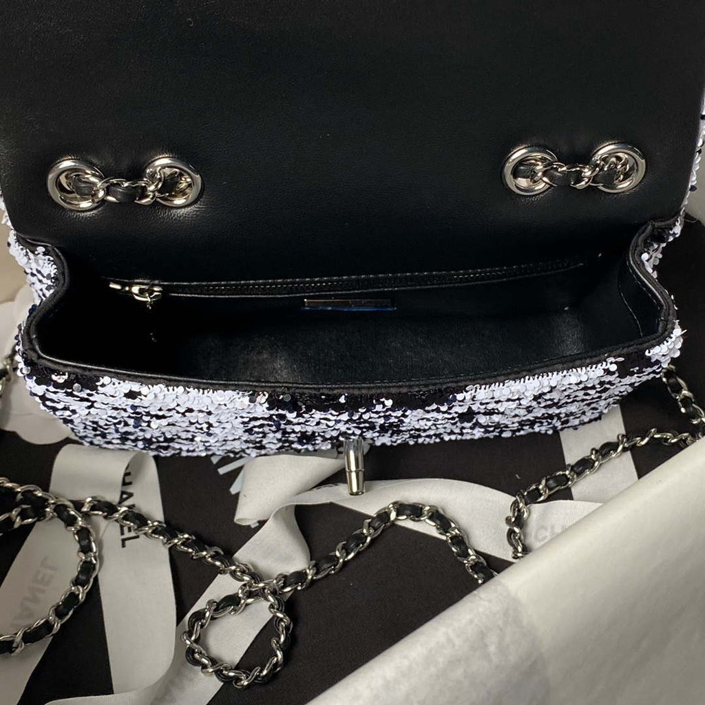 Chanel AS4561 Evening Bag Sequins & Silver-Tone Metal Black White
