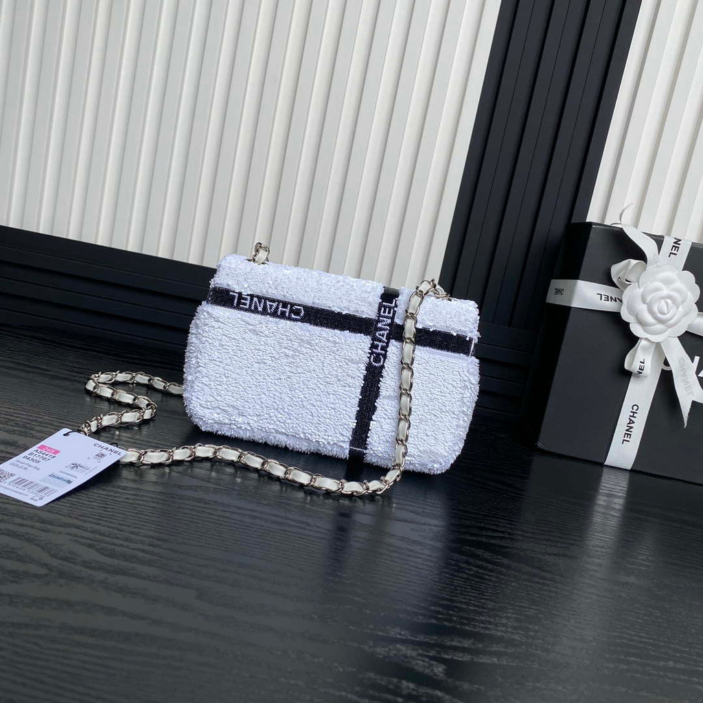 Chanel AS4561 Evening Bag Sequins & Silver-Tone Metal White & Black
