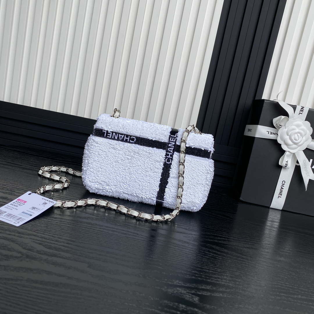 Chanel AS4561 Evening Bag Sequins & Silver-Tone Metal White & Black