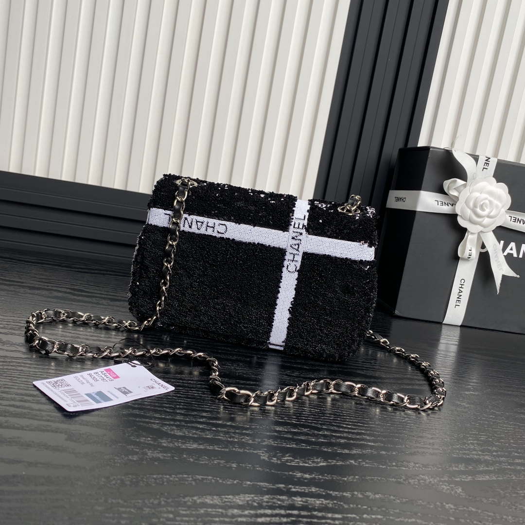 Chanel AS4561 Evening Bag Sequins & Silver-Tone Metal Black &  White