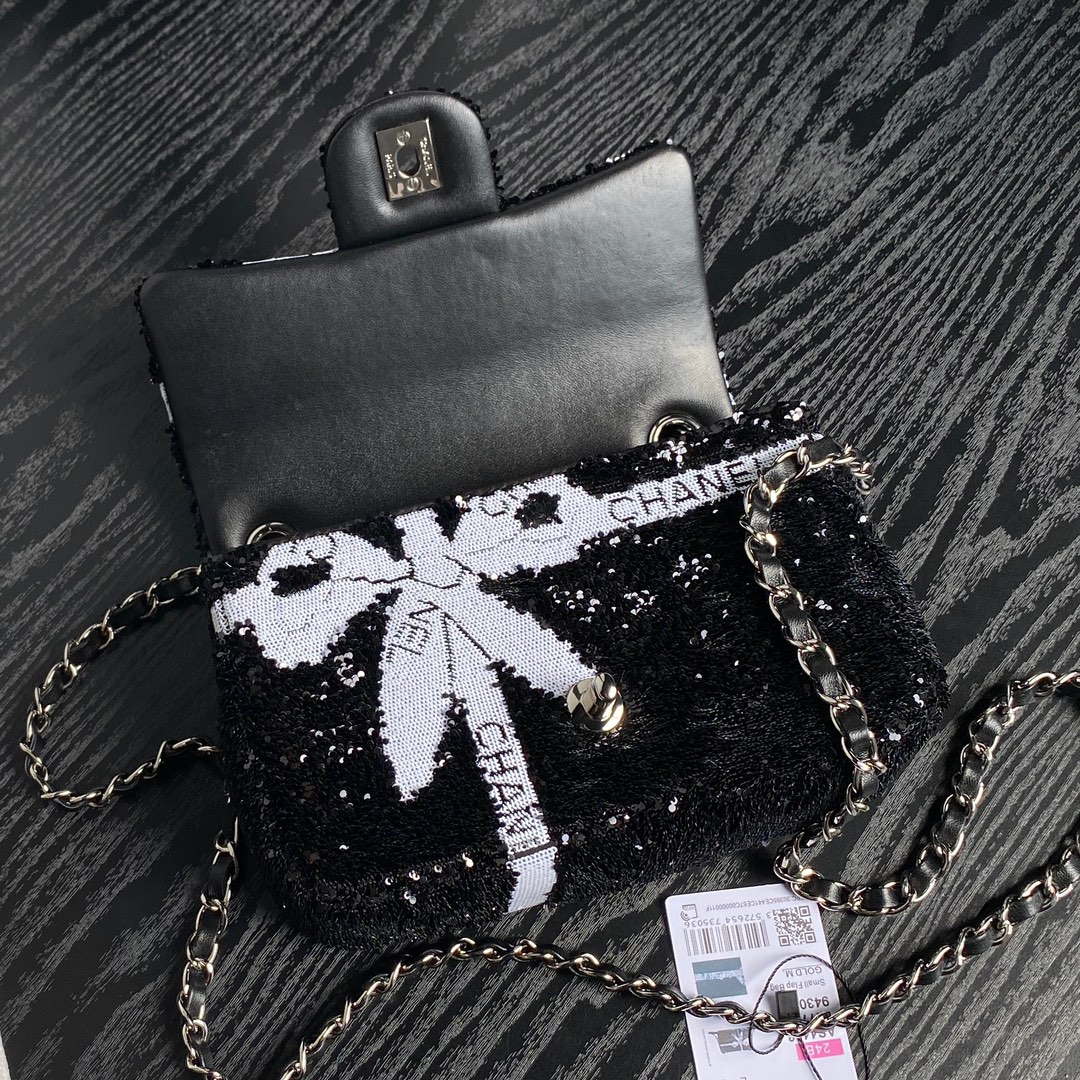 Chanel AS4561 Evening Bag Sequins & Silver-Tone Metal Black &  White