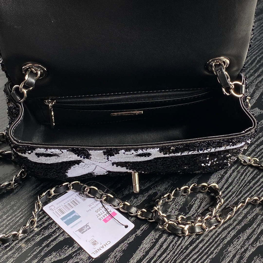 Chanel AS4561 Evening Bag Sequins & Silver-Tone Metal Black &  White