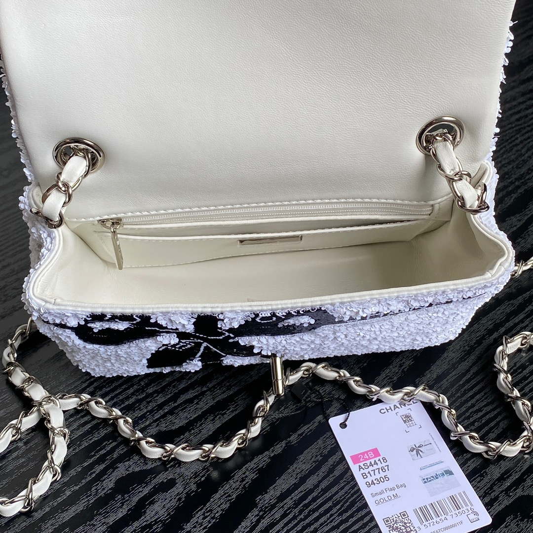 Chanel AS4561 Evening Bag Sequins & Silver-Tone Metal White & Black