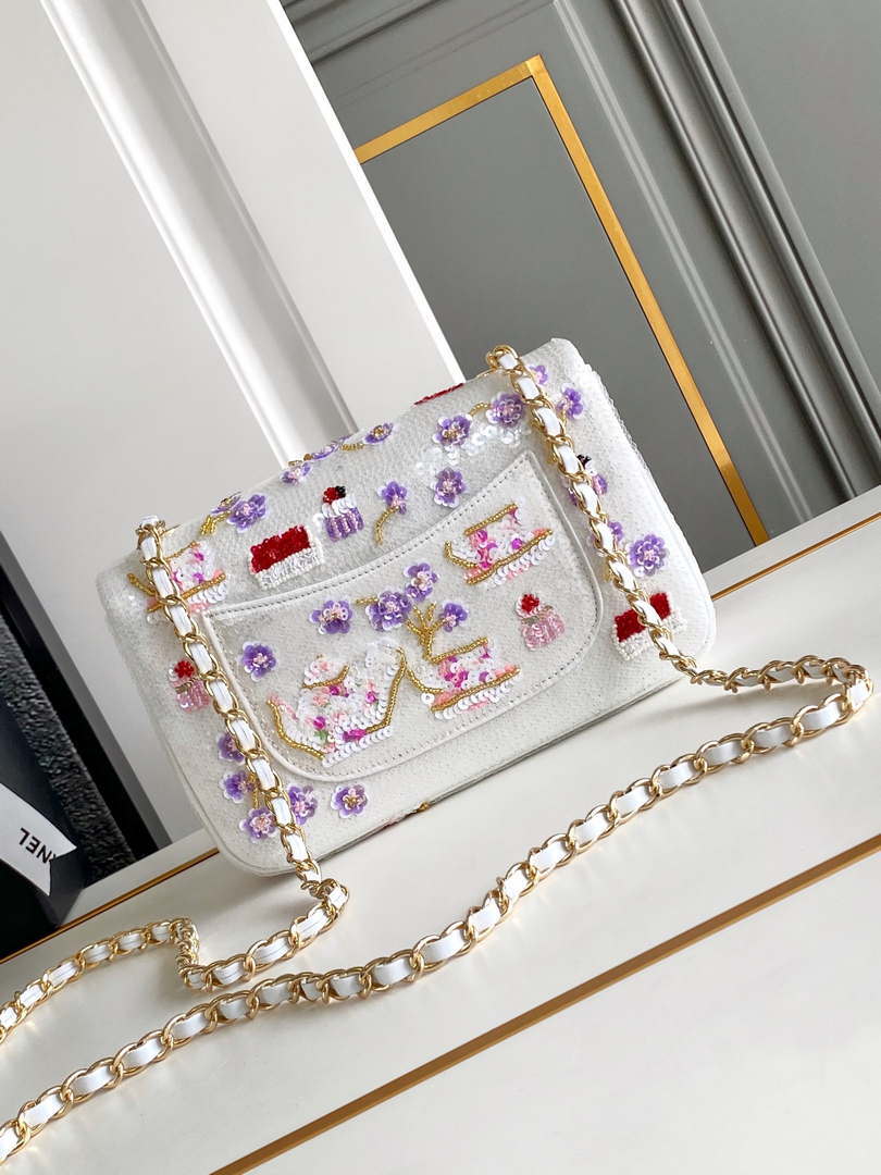 Chanel AS4561 Evening Bag Sequins & Silver-Tone Metal White & Purple