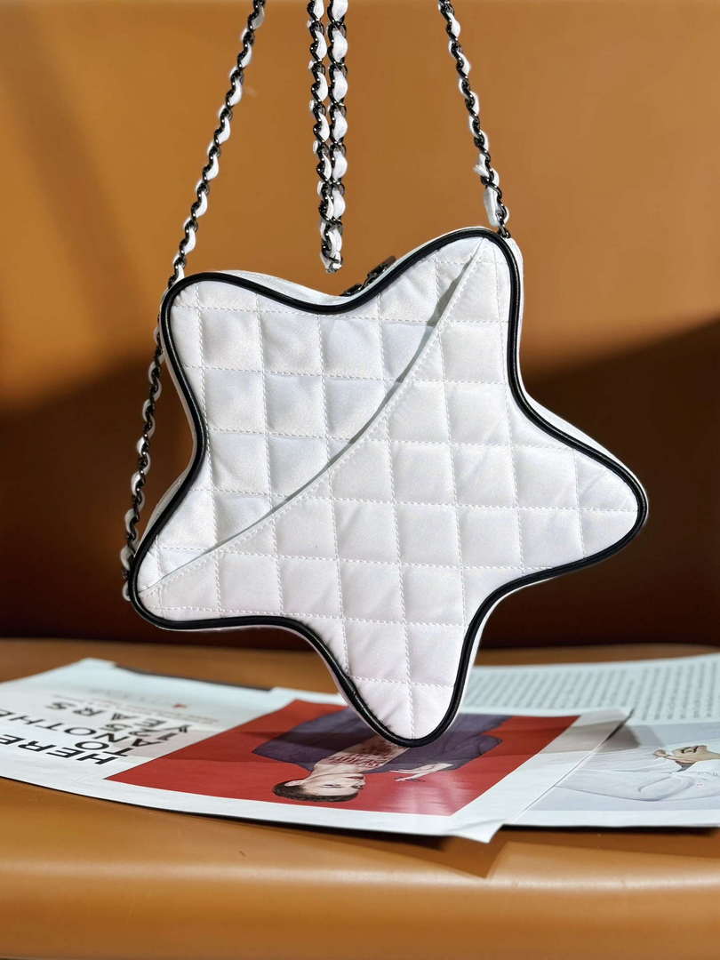 Chanel AS4579 Star Handbag Satin & Black-tone metal White - Default Title - View 3