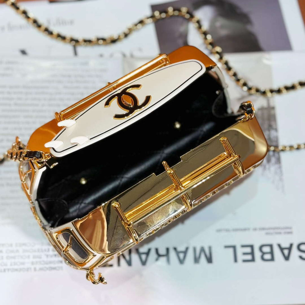 Chanel AS4590 MINI VAN Minaudiere plexi Enamel  Strass & Gold-Tone Metalblack White & Gold