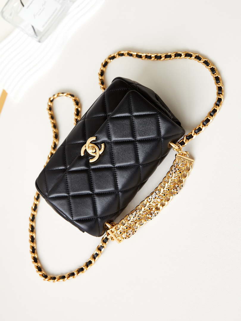 Chanel AS4595 MINI FLAP BAG Metallic Calfskin Diamante & Gold-Tone Metal Black