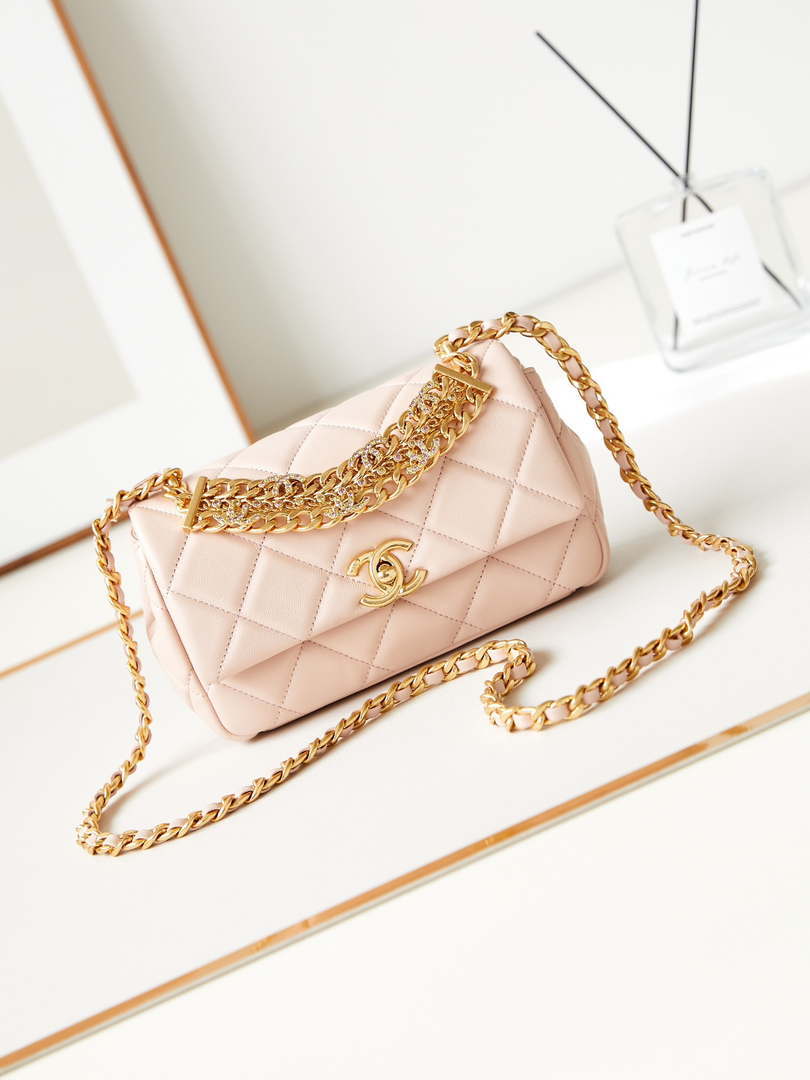 Chanel AS4595 MINI FLAP BAG Metallic Calfskin Diamante & Gold-Tone Metal Light Pink - Default Title - View 1