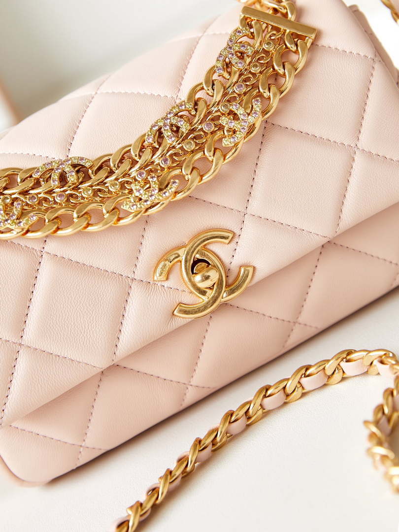 Chanel AS4595 MINI FLAP BAG Metallic Calfskin Diamante & Gold-Tone Metal Light Pink
