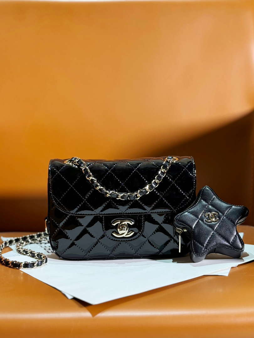 Chanel AS4646 MINI FLAP BAG & STAR COIN PURSE Mirror Calfskin  Metallic Calfskin & Gold-Tone Metal Black - Default Title - View 1