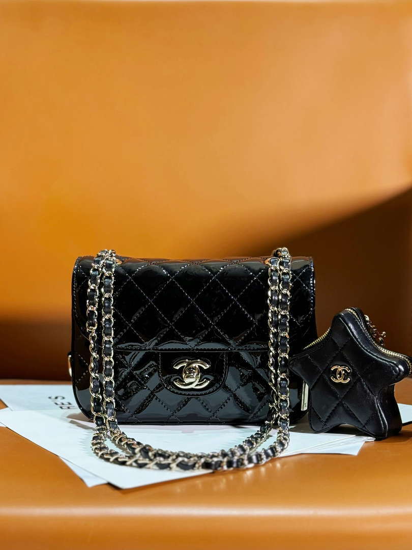 Chanel AS4646 MINI FLAP BAG & STAR COIN PURSE Mirror Calfskin  Metallic Calfskin & Gold-Tone Metal Black