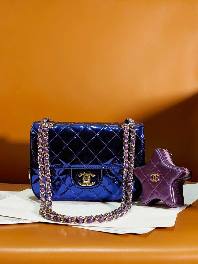 Chanel AS4646 MINI FLAP BAG & STAR COIN PURSE Mirror Calfskin  Metallic Calfskin & Gold-Tone Metal Dark Purple